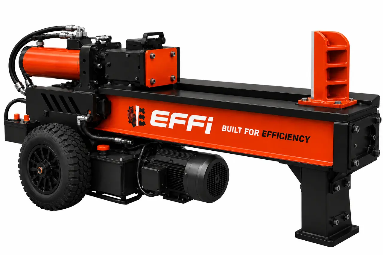 EFFI red and black electric and hydraulic log splitter product visualization